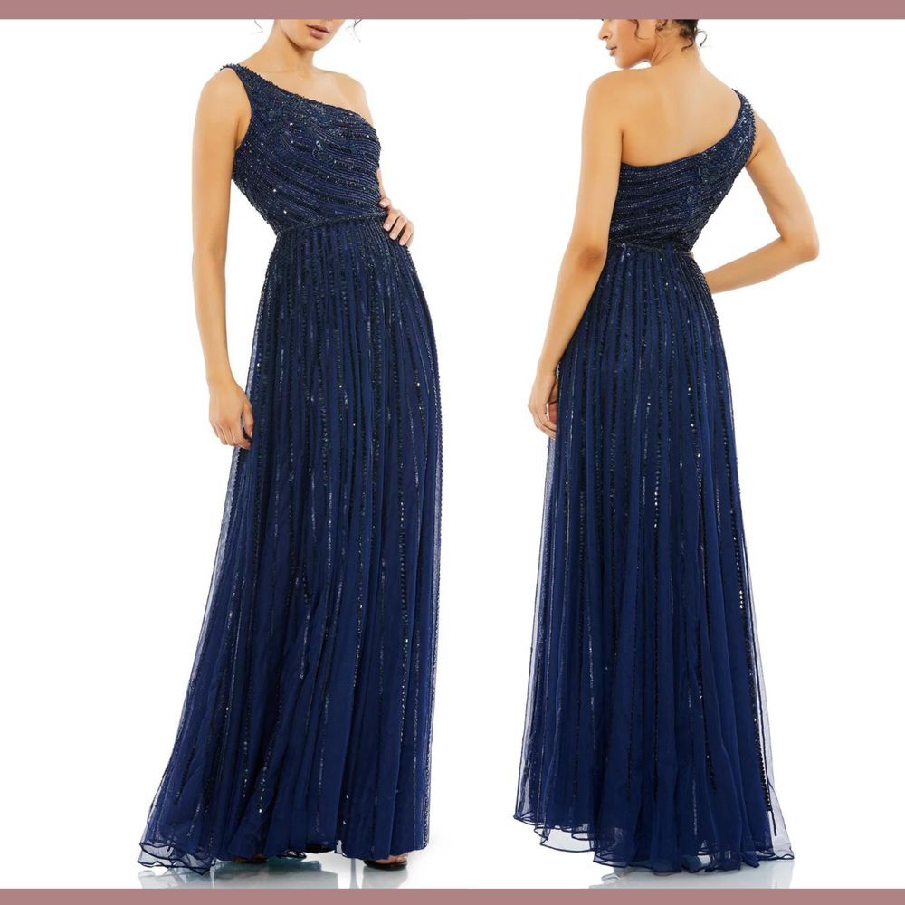 NWT $598 Mac Duggal [ 14 ] Embellished One Shoulder A-Line‎ Gown Blue #G1908